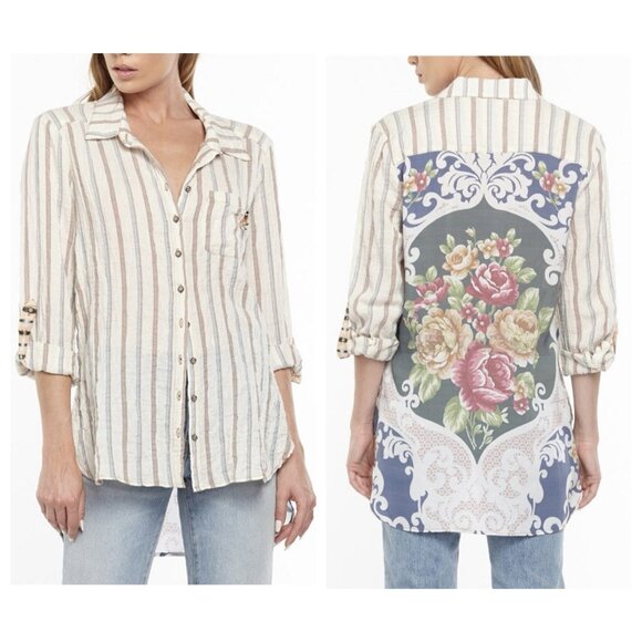Aratta Silent Journey Women’s Shirt Size XS Blouse Button Striped Floral Pocket - Picture 1 of 14